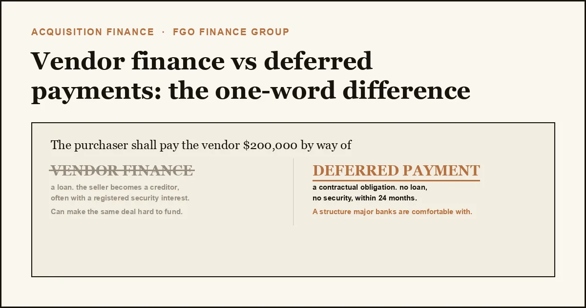 Two paths of acquisition funding, seller finance and bank finance, converging on the same deal