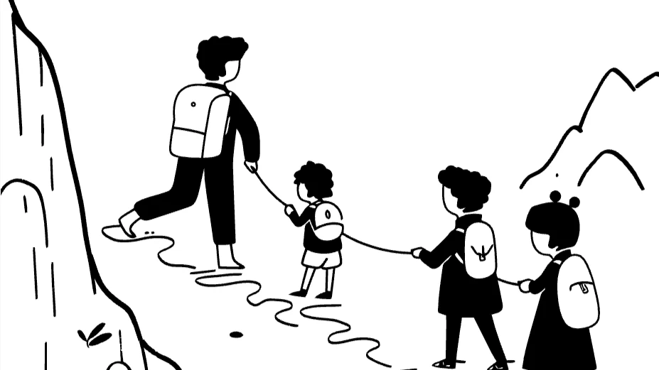 Line illustration of a leader guiding a connected line of people along a winding mountain path, illustrating leadership through uncertainty